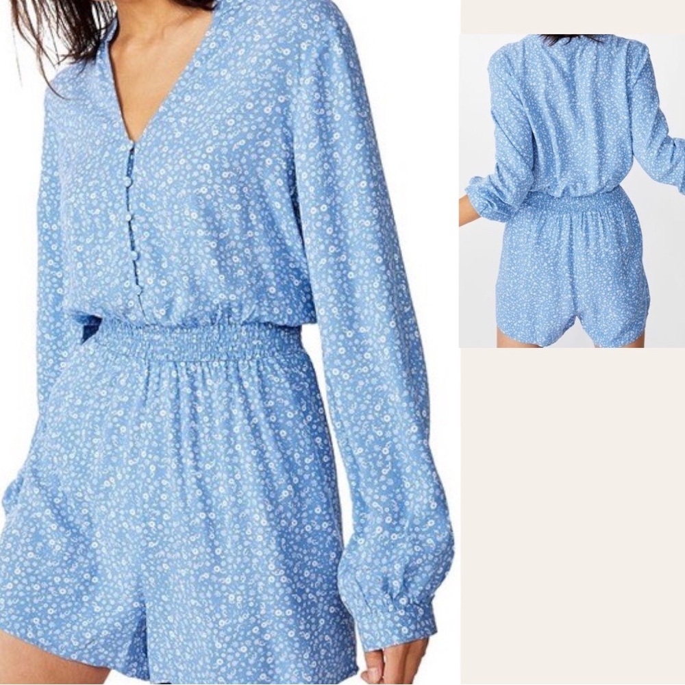 Cotton On Women’s Sky Blue Floral White Romper Long Sleeve Size XS Elasticized